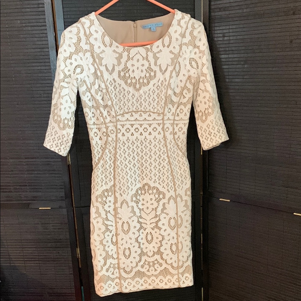 White and Tan Sheath Dress with Scoop Neck and 3/4 Sleeves